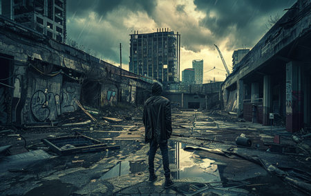 A lone individual stands in the remnants of an urban wasteland, the scene portraying a stark post-apocalyptic reality. The mood is somber and thought-provokingの素材
