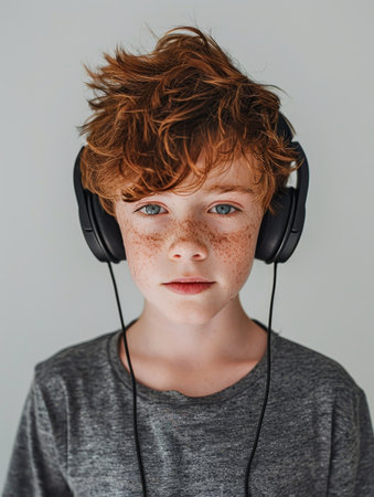 A young boy with freckles and tousled hair listens intently to music on headphones, his blue eyes focused. The close-up captures a moment of pure engagement with artの素材