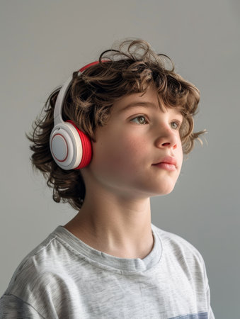 A teenager with tousled hair wears stylish headphones, his gaze suggesting a deep connection to the music. This portrait showcases the universal language of music across generationsの素材