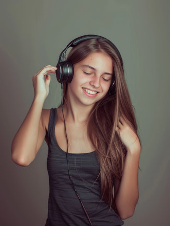 A young girl with a serene expression lost in music, wearing dark headphones. Her eyes closed in enjoyment, she exudes a relaxed and carefree vibeの素材
