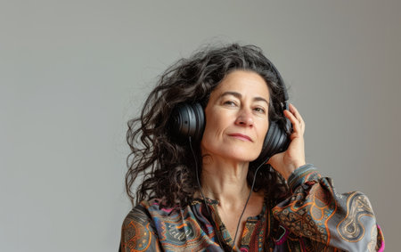 A contemplative woman listens to music, her headphones encasing her in a world of sound. Her thoughtful gaze suggests deep engagement with the melodyの素材