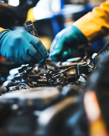 Close-up of mechanic's gloved hands using tools on car engine partsの素材