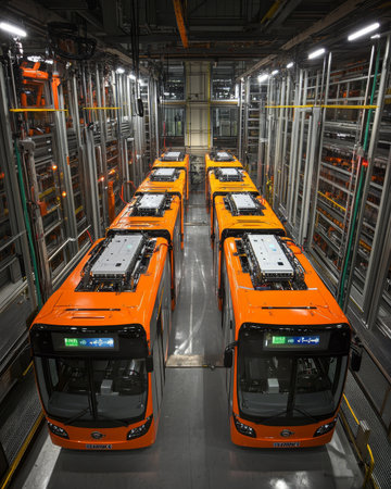 Orange electric buses on production line, showcasing public transport innovationの素材