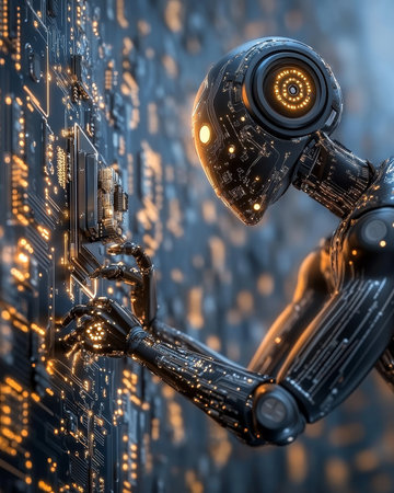 3D rendering of an advanced AI robot head with glowing circuits interacting with a digital interfaceの素材