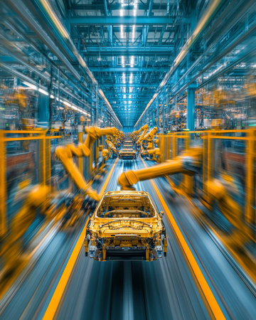 Robotic arms assemble car chassis on a high-tech production line with blue and yellow color schemeの素材