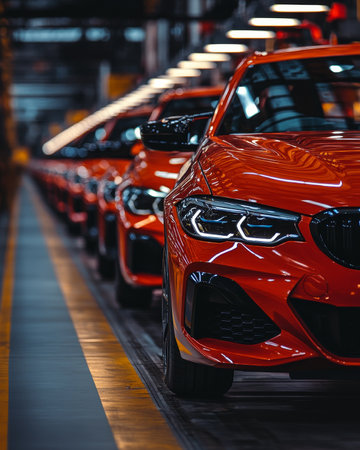 New red sports cars lined up in a factory production line, showcasing sleek design and modern manufacturingの素材