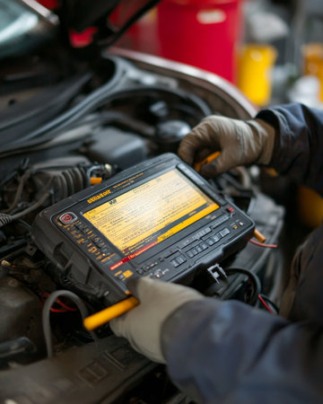 Mechanic using electronic diagnostic tool on car engine, demonstrating modern automotive repair technologyの素材