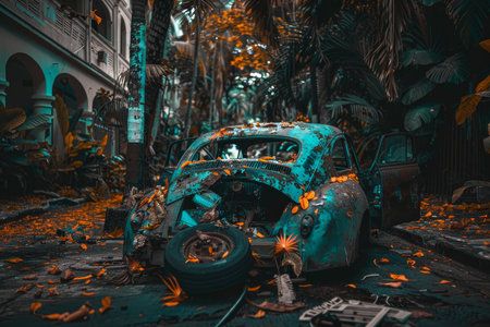 Rusty vintage car wreck surrounded by lush tropical vegetation and architectural ruins, creating a surreal sceneの素材