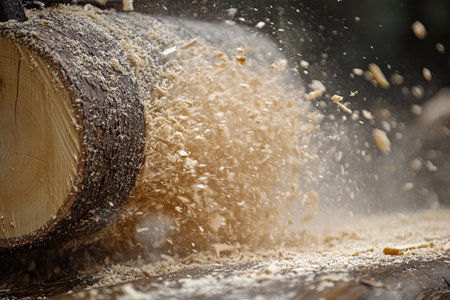 Close-up of sawdust exploding from a freshly cut log, showing the dynamic nature of woodworkingの素材