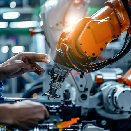 Close-up of a human hand reaching towards an orange robotic arm in an industrial setting, demonstrating human-machine interactionの素材