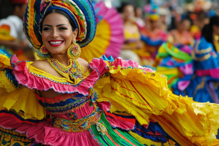 Smiling woman in ornate traditional carnival costume with colorful ruffled dress and elaborate headdress.の素材