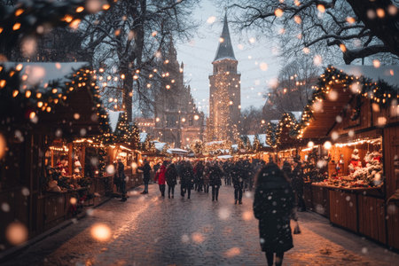 Snowy evening scene of festive market stalls and twinkling lights near historic tower.の素材