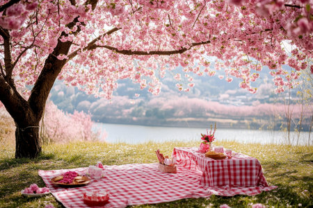 Picnic setup under blooming cherry tree with lake and mountains in background.の素材