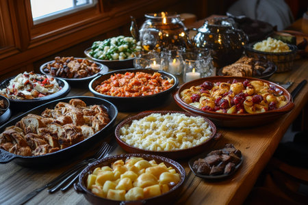 Warm, inviting buffet table with various homemade dishes, side dishes, and festive decorations.の素材