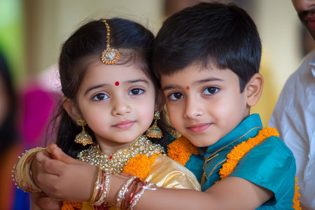 Young boy and girl in colorful traditional Indian clothing and jewelry posing together.の素材