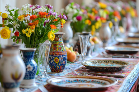 Vibrant spring table setting with colorful flowers, ornate vases, and decorative plates on patterned tablecloth.の素材