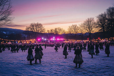 Crowd in traditional kilts celebrating at snowy festival with colorful lights and dramatic twilight sky.の素材