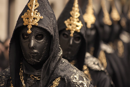 Group of black-robed figures with ornate golden crosses on their hoods during a solemn religious ceremony.の素材