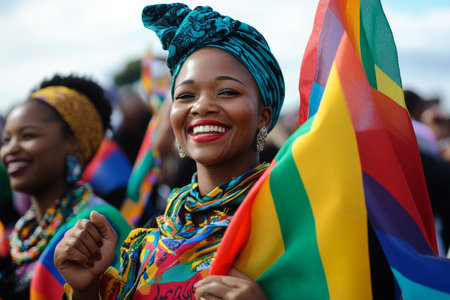 Smiling African woman in vibrant traditional clothing and headwrap holding a colorful flag at a cultural event.の素材