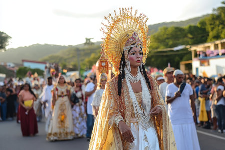 Woman in elaborate golden headdress and white gown leading festival procession.の素材