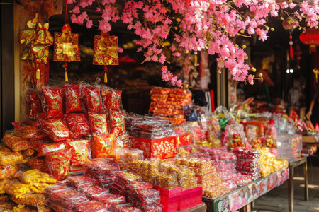 Festive stall selling traditional red envelopes under blooming cherry blossoms.の素材