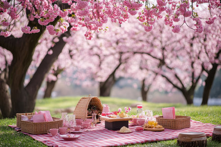 Picnic spread with pink and white tableware under blooming cherry trees.の素材