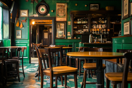 Empty classic Irish pub with green walls, wooden furniture, and traditional decor including shamrock symbols.の素材
