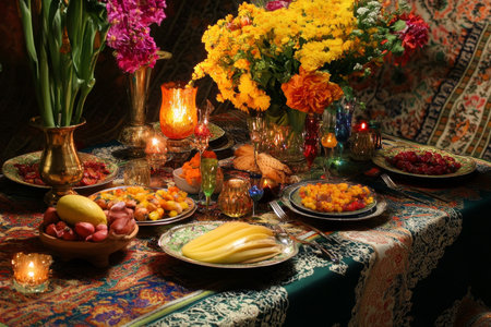 Lavish feast table with colorful flowers, candles, and exotic dishes on ornate tablecloth in warm evening light.の素材