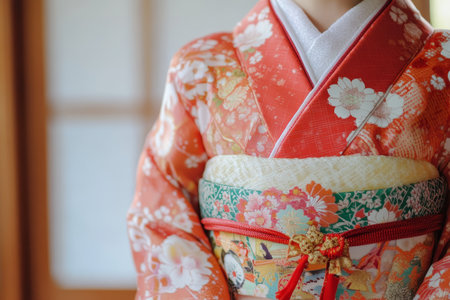 Close-up of ornate Japanese kimono with vibrant floral patterns and decorative obi.の素材
