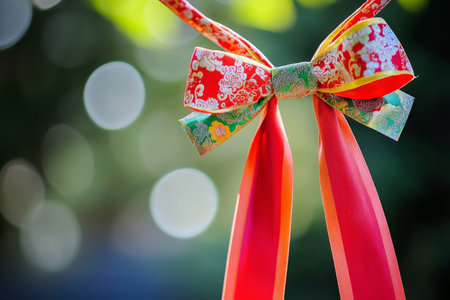 Colorful floral patterned bow against blurred green nature background with bokeh effect.の素材