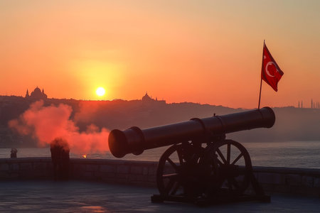 Historic cannon fires at dusk, Turkish flag waves as sun sets over city domes.の素材