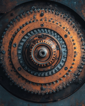 Close-up of a corroded orange industrial gear with intricate circular patterns and teethの素材