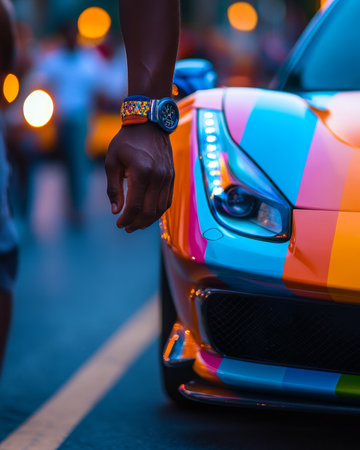 Hand wearing a colorful bracelet and watch next to a vibrant multi-colored sports car headlightの素材