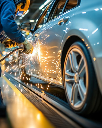 Close-up of a worker welding a blue car body, with bright orange sparks flying dramatically in an automotive factoryの素材