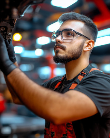 Bearded technician in safety glasses inspects car in well-lit repair shopの素材