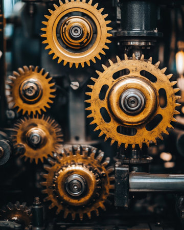 Close-up of multiple brass-colored cogwheels working together in mechanical systemの素材