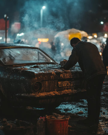 Person cleaning dirty car at night, surrounded by city lights and steamの素材