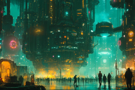 Vibrant cyberpunk cityscape with towering structures, neon lights, and crowds of peopleの素材
