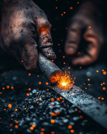 Close-up of hands working with metal, creating a shower of bright orange sparks against a dark background.の素材
