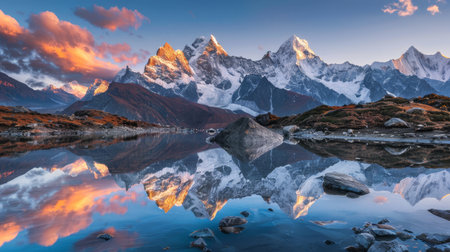 Majestic Himalayan mountains captured during sunrise, their snow-capped peaks reflecting on the mirror-like surface of a serene alpine lakeの素材