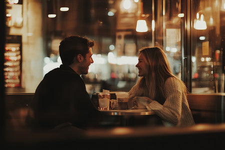 Young couple smiling and conversing over drinks in a cozy cafe with warm lighting.の素材