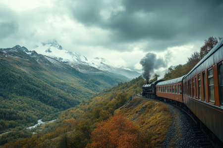 A vintage steam train travels through a mountainous landscape with autumn foliage and snow capped peaks under a cloudy sky.の素材