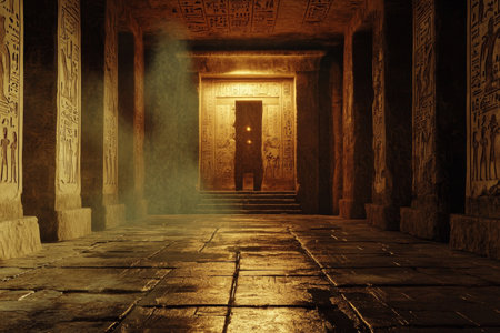 Mysterious interior of ancient Egyptian temple with hieroglyphs, columns, and golden light streaming through doorway.の素材