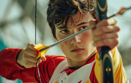 Determined athlete in red and yellow uniform aims arrow during outdoor eventの素材