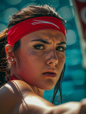 Intense athlete focuses on target during sunny outdoor archery competitionの素材