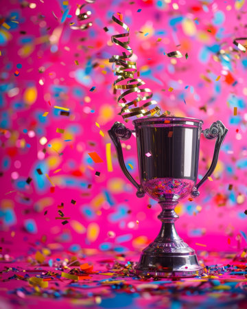 Silver trophy amid pink confetti burst, symbolizing joyous victory momentの素材
