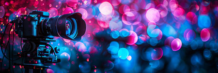 DSLR camera on tripod with vibrant pink and blue bokeh backgroundの素材