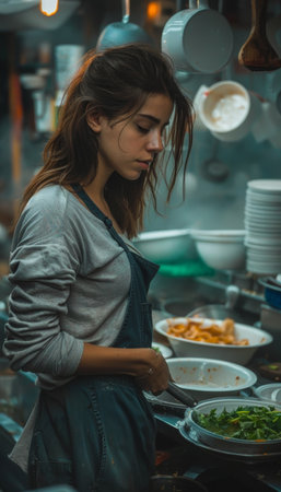 Female chef in apron working with fresh ingredients in professional kitchenの素材