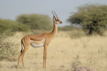 A lone gerenuk stands vigilant in dry grassland, its slender form and distinctive horns silhouetted against acacia trees.の素材