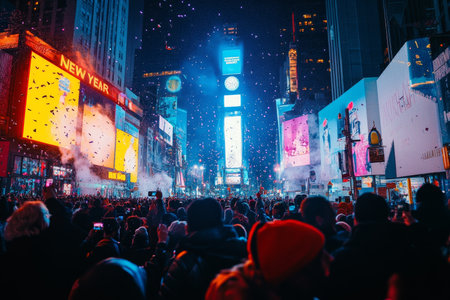 Crowds celebrate New Year's Eve in Times Square with confetti, lights, and giant screens illuminating the night sky.の素材